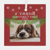 Ornement En Verre Puppy`s 1er Noël Pine Rouge Snowflakes Photo (Verso)