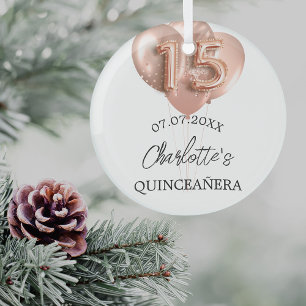 Ornement En Verre Quinceanera nom de ballons d'or rose blanche