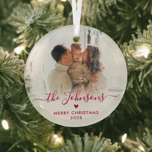 Ornement En Verre Red Cute Heart Script Family Photo Joyeux Noël