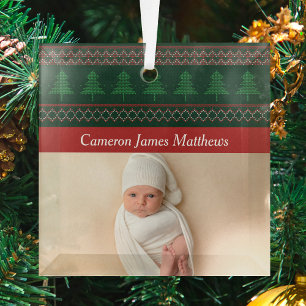 Ornement En Verre Red Green Tree Baby's 1st Christmas Photo Vintage