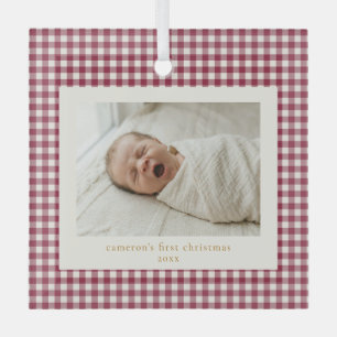 Ornement En Verre Rouge Cerise Gingham Personnalisé Premier Noël de