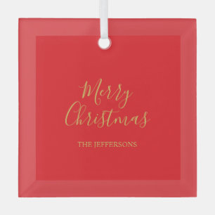 Ornement En Verre Rouge vif et couleurs dorées Joyeux Noël en famill