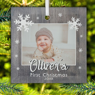 Ornement En Verre Rustic Baby's First Christmas Wood Snowflake Photo
