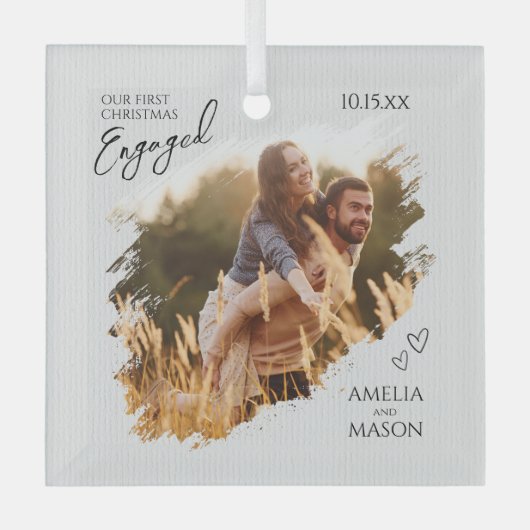 Ornement En Verre Rustic Our First Christmas Engaged Photo Christmas (Recto)