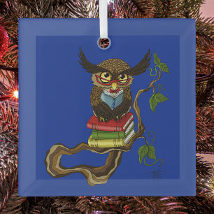 Ornement En Verre Sage Petit Hibou Brun Bleu Lisant des Livres