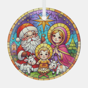 Ornement En Verre Scène de crèche en verre avec le Père Noël