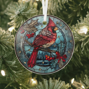 Ornement En Verre Scène hivernale avec Cardinal rouge