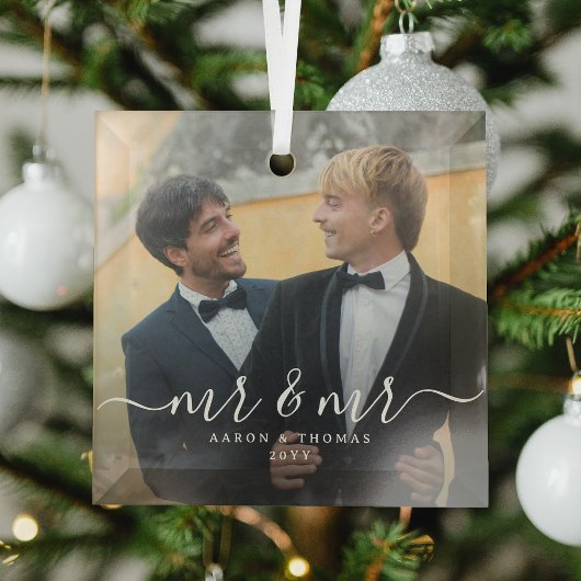 Ornement En Verre Script Mr & Mr Newlyweds Photo Christmas