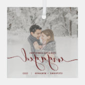 Ornement En Verre Script rouge photo personnalisé de Noël (Verso)