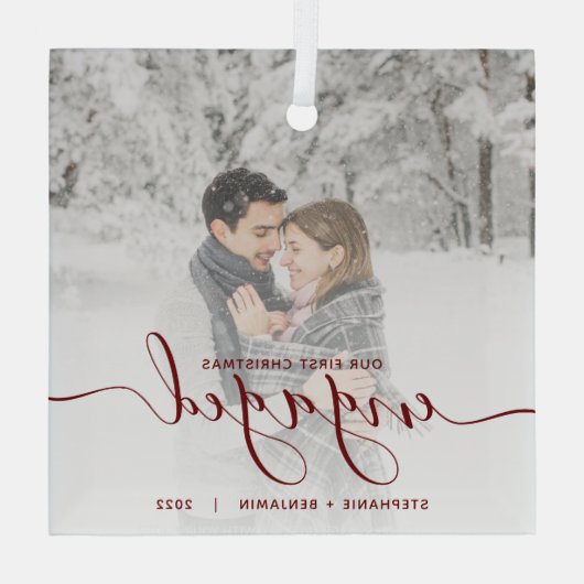 Ornement En Verre Script rouge photo personnalisé de Noël (Verso)