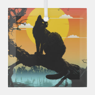 Ornement En Verre Silhouette de chat et d'arbre au coucher du soleil