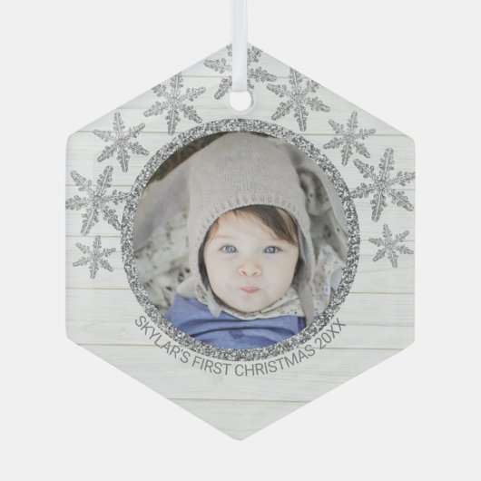Ornement En Verre Silver Snowflake Chic Round Photo Christmas (Recto)
