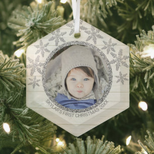 Ornement En Verre Silver Snowflake Chic Round Photo Christmas