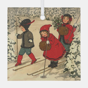 Ornement En Verre Ski pour enfants, scène hivernale vintage
