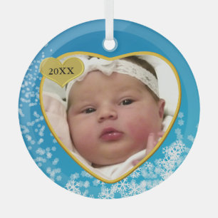 Ornement En Verre Snowy Sky Blue Baby's First Christmas Photo Heart