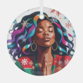 Ornement En Verre Solennel et serein Noël Femme noire priant (Recto)