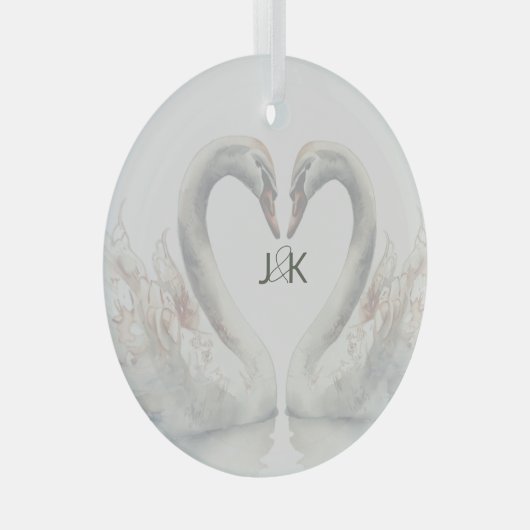 Ornement En Verre Swans romantiques Mariage Couple Monogramme (Avant droite)