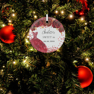 Ornement En Verre Sweet 16 fleurs de robe rouge blanc
