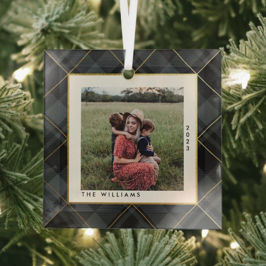 Ornement En Verre Tartan vert or et foncé Joyeux Noël Photo (Insitu)