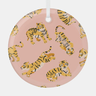Ornement En Verre Tigres caricaturaux, motif vintage rose.