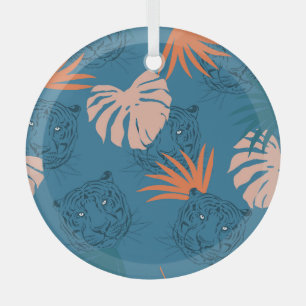 Ornement En Verre Tigres tropicaux Feuilles Bleu profond