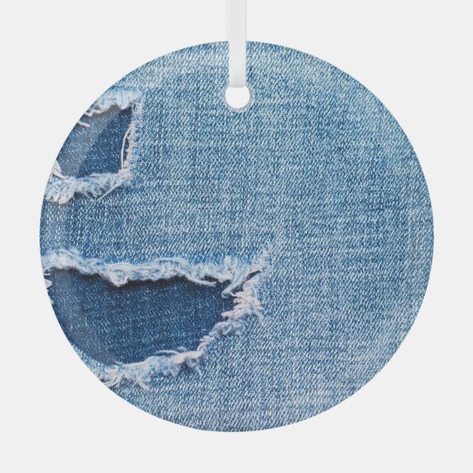 Ornement En Verre Tissu en denim déchiré, teintes bleues. (Recto)