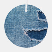 Ornement En Verre Tissu en denim déchiré, teintes bleues. (Verso)