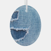 Ornement En Verre Tissu en denim déchiré, teintes bleues. (Avant droite)
