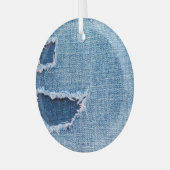 Ornement En Verre Tissu en denim déchiré, teintes bleues. (Avant gauche)