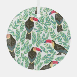 Ornement En Verre Toucans, feuilles tropicaux, motif décoratif.