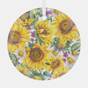 Ornement En Verre Tournesol Vintage : Fleur Jaune Été.