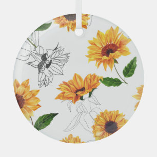 Ornement En Verre Tournesols dessinés à la main : motif jaune vif.