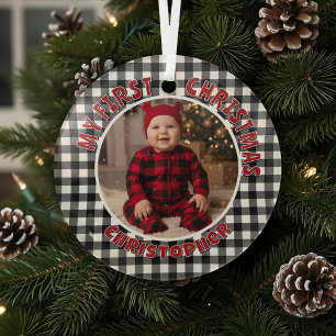 Ornement En Verre Vacances Noir et Blanc Plaid First Christmas Custo
