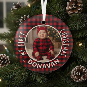 Ornement En Verre Vacances Rouge et Noir Plaid First Christmas Custo