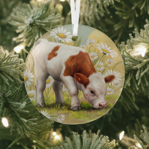 Ornement En Verre Vache bébé mignonne, Marguerites, Pays, Aquarelle