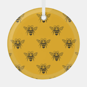 Ornement En Verre Vintage Bee Motif, Jaune Noir.