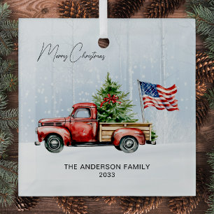 Ornement En Verre Vintage Red Christmas Truck Farmhouse USA Drapeau