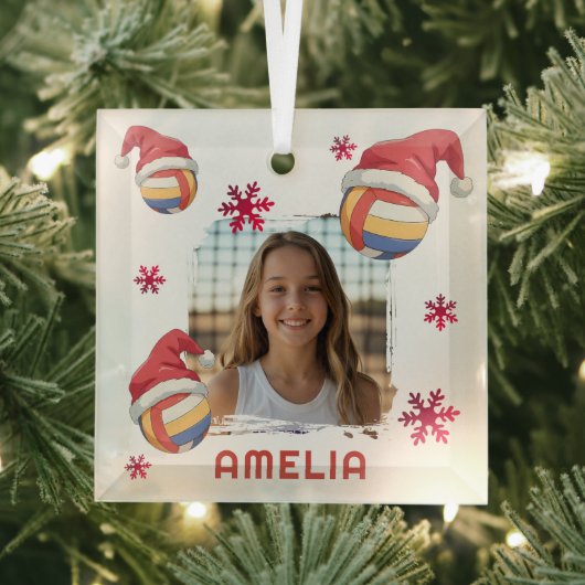 Ornement En Verre Volleyball Santa Hat Name Photo Christmas (Insitu)