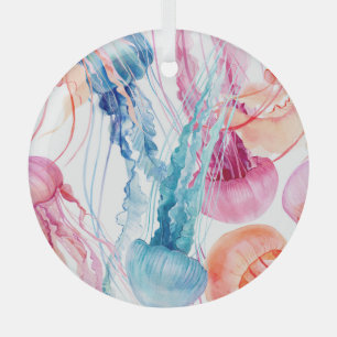 Ornement En Verre Watercolor Sea Life : Bubbles & Jellyfish