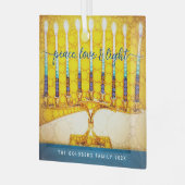 Ornement En Verre Yellow Hanoukka Menorah Peace Love Script (Avant gauche)