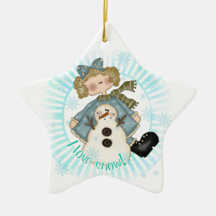 Ornement Étoile En Céramique Blond Girl and Snowman Keepsaké Ornament