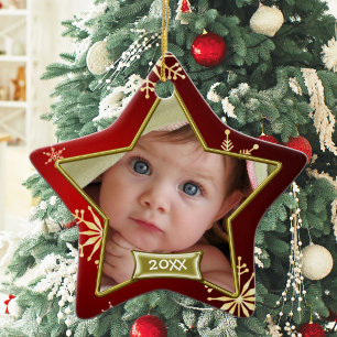 Ornement Étoile En Céramique Cadre photo étoile rouge et or pour le 1er Noël de