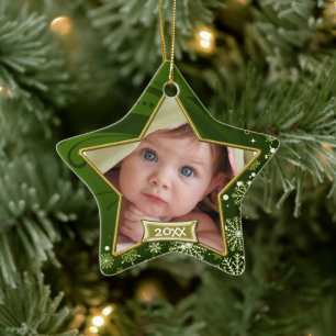 Ornement Étoile En Céramique Cadre photo vert et or pour le 1er Noël de bébé