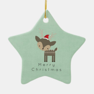 Ornement Étoile En Céramique Cerf De Noël Dans Un Hipster Rétro Du Chapeau Roug
