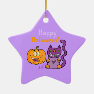 Ornement Étoile En Céramique Chat pourpre et Citrouille heureux Halloween Star