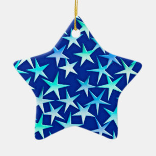 Ornement Étoile En Céramique Étoiles satinées, bleu pâle sur cobalt