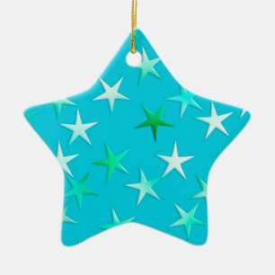 Ornement Étoile En Céramique étoiles satinées, vert pâle et bleu sur turquoise