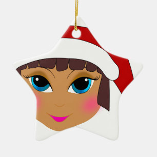 Ornement Étoile En Céramique Fille d'Anime avec le casquette de Père Noël