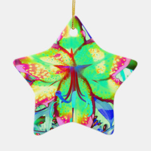 Ornement Étoile En Céramique Fleur tropicale fleurie fleurie verte rose
