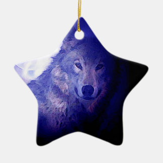 Ornement Étoile En Céramique Loup, Lune et Nuit Bleue